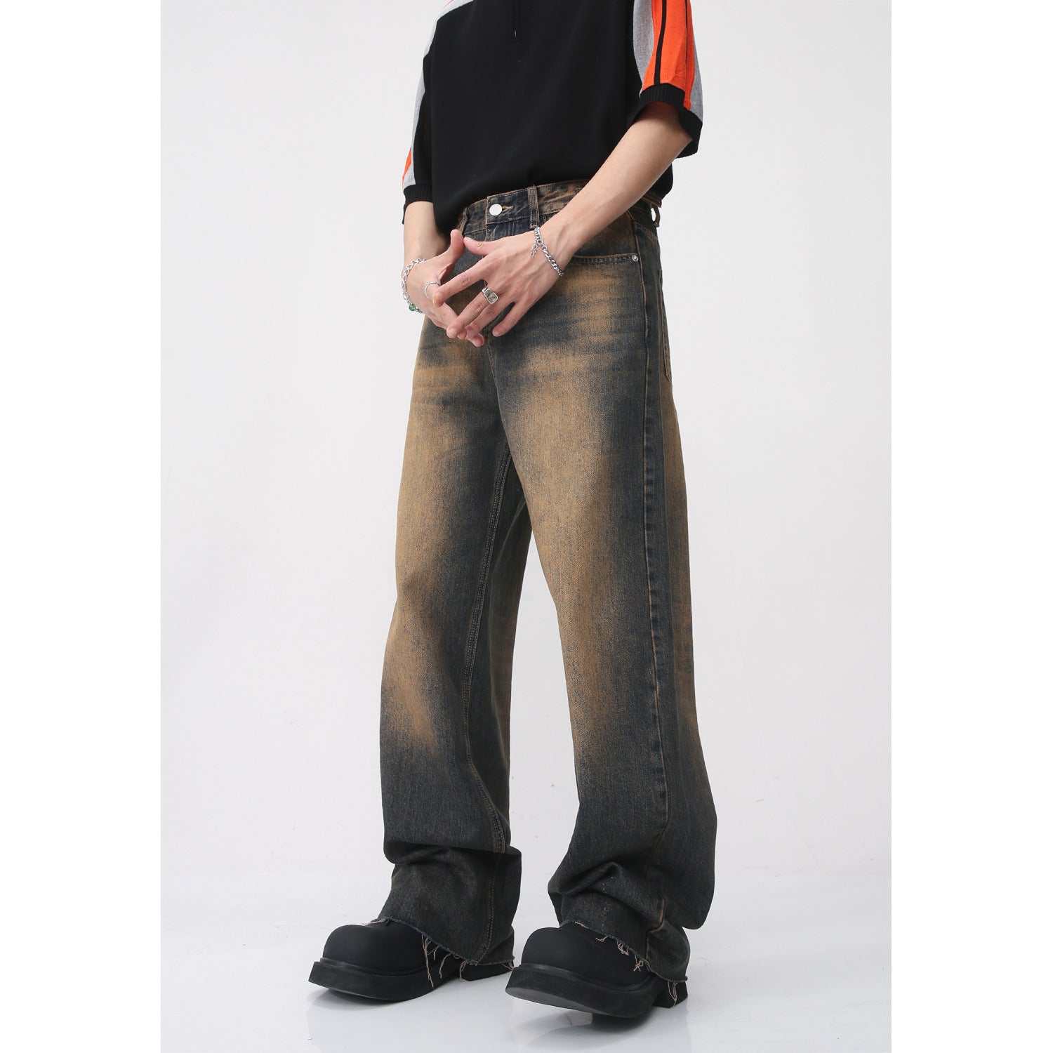 Retro Distressed Rust Earth Raw Hem Jeans