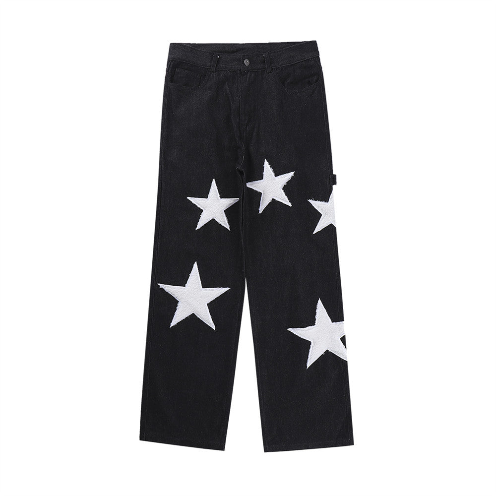 Five Pointed Star Flocking Embroidered Jeans