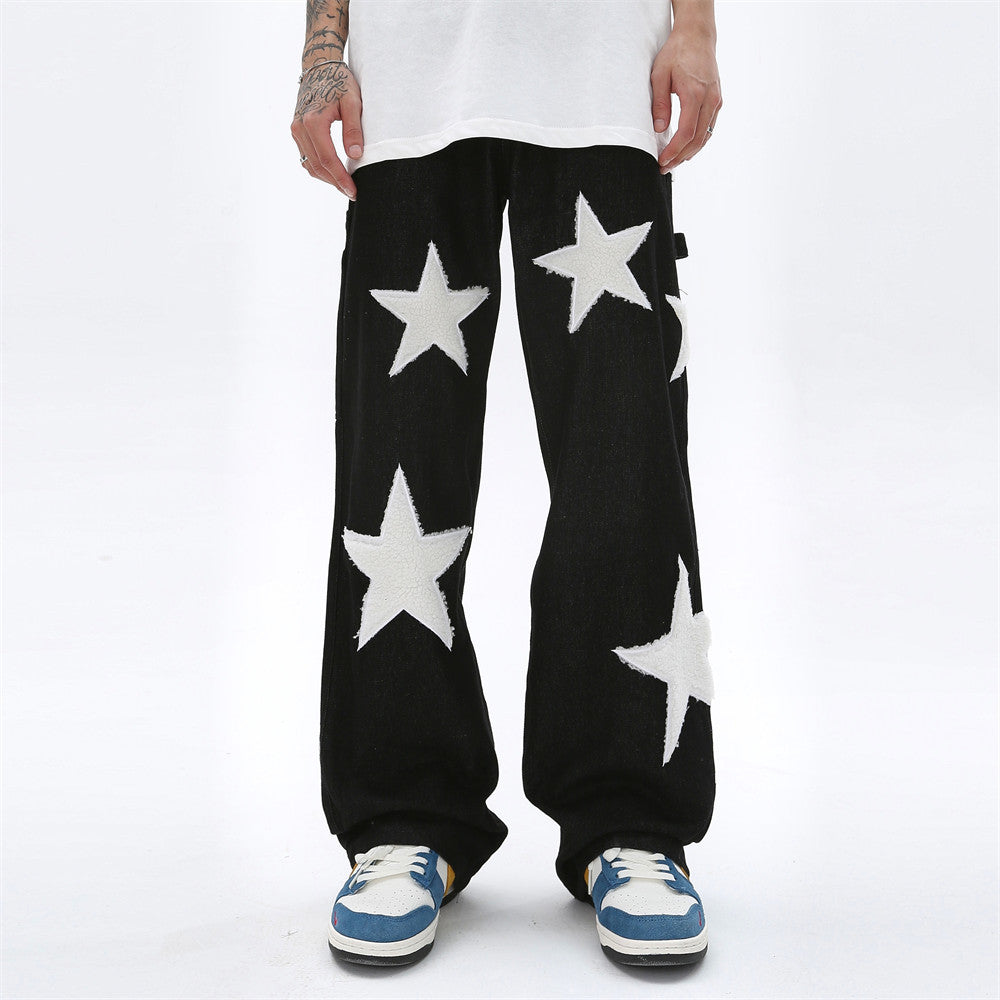 Five Pointed Star Flocking Embroidered Jeans
