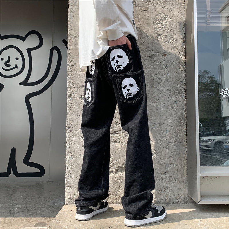 Vintage Bat Printed Loose Straight Jeans