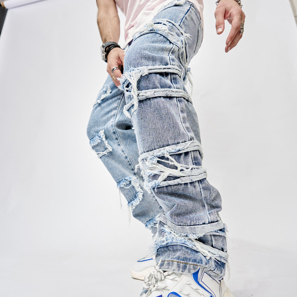 Streetwear Stacked Patchwork Denim Jeans