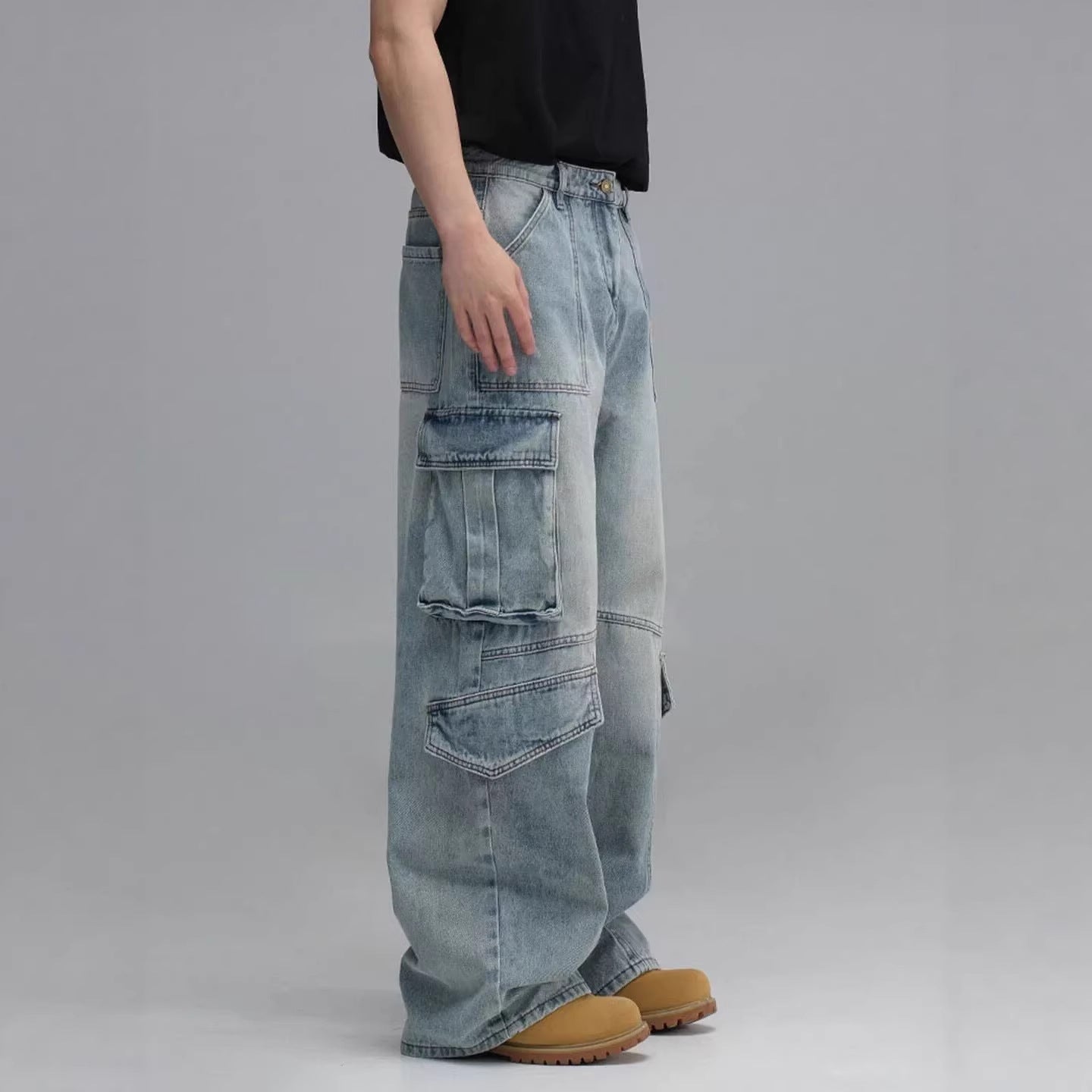 Washed Multi-Pocket Workwear Denim Jeans