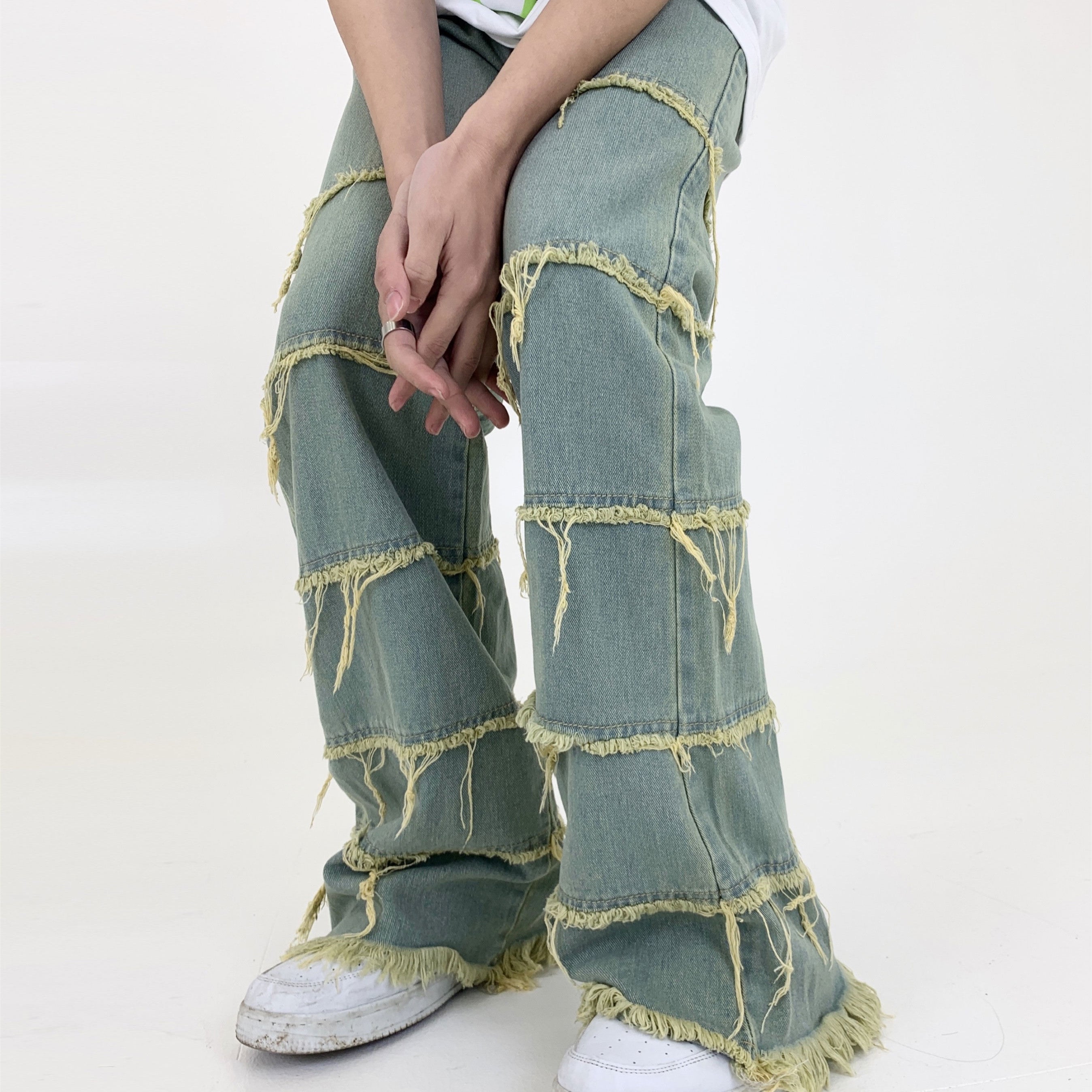 Retro Stacked Washed Raw Jeans