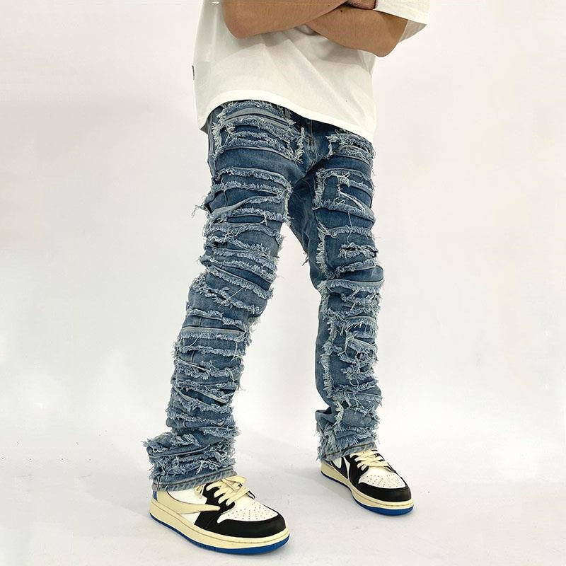 Washed Distressed Stacked Patch Jeans