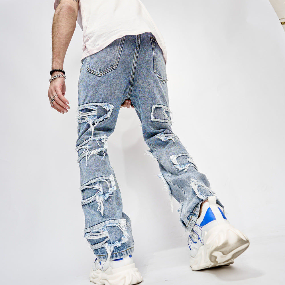 Streetwear Stacked Patchwork Denim Jeans