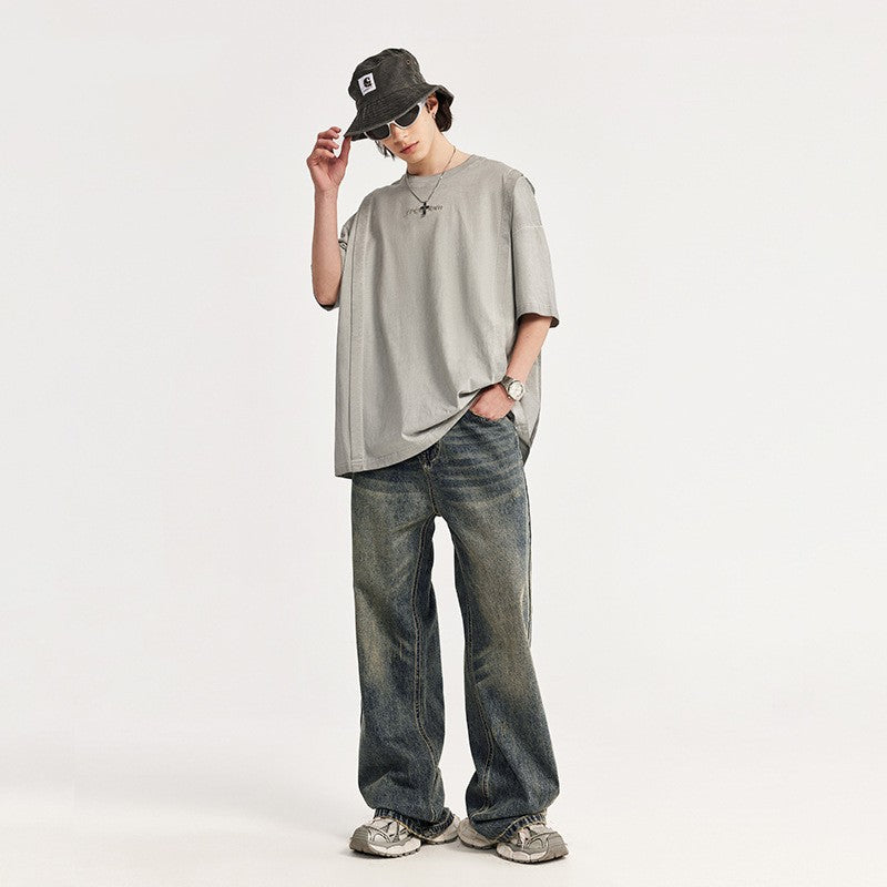 Retro Distressed Wide Leg Straight Jeans