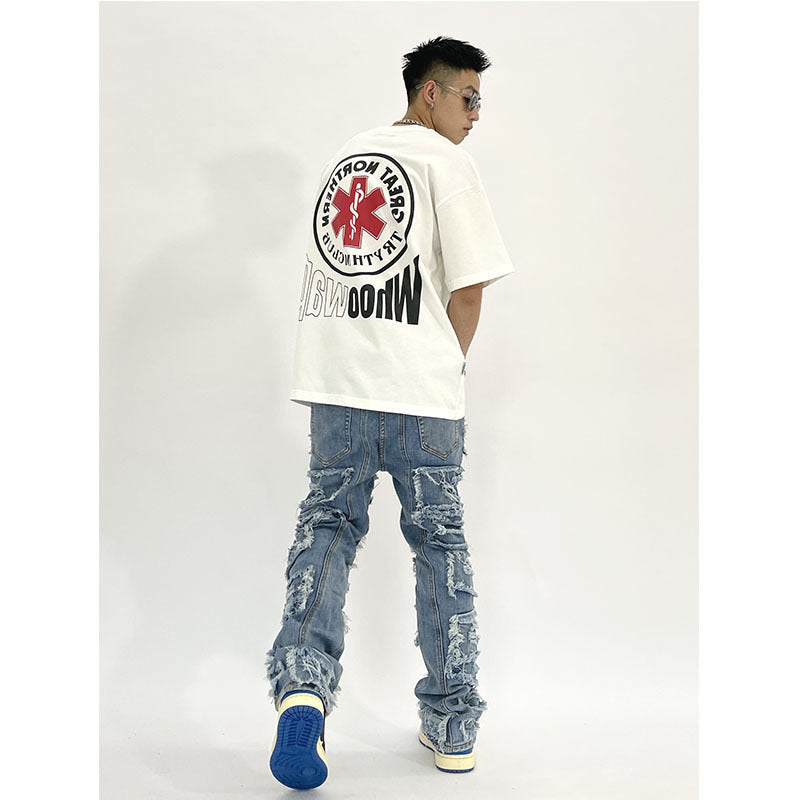 Washed Distressed Stacked Patch Jeans