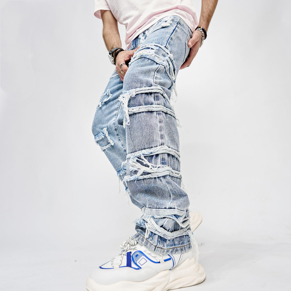 Streetwear Stacked Patchwork Denim Jeans
