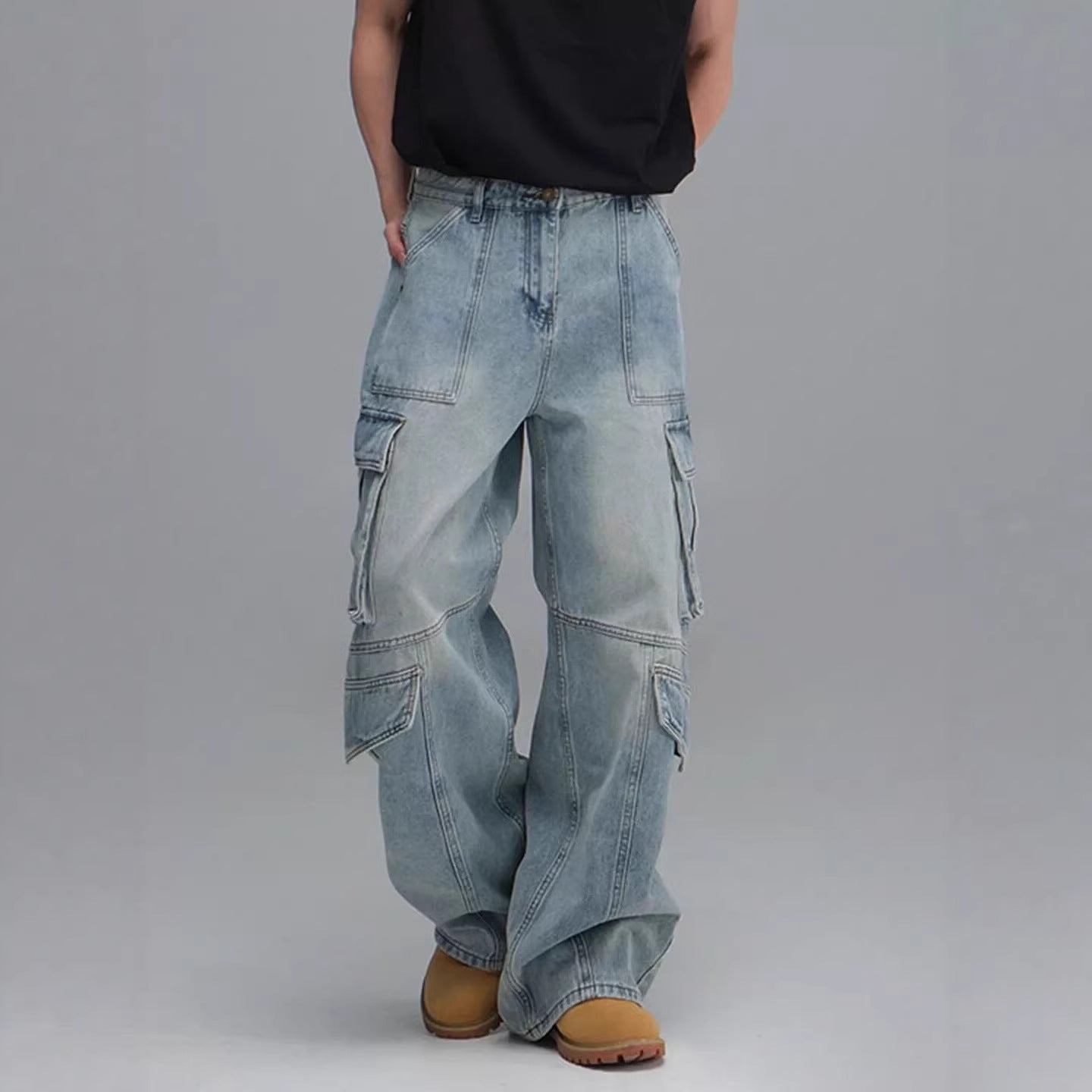 Washed Multi-Pocket Workwear Denim Jeans