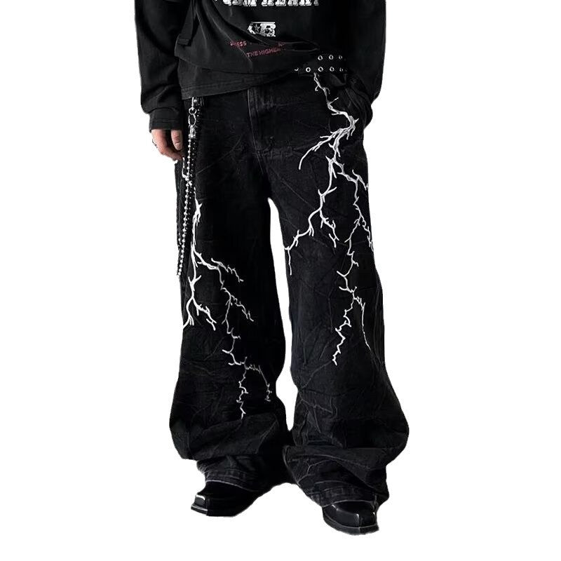 Retro Washed Lightning Embroidered Jeans