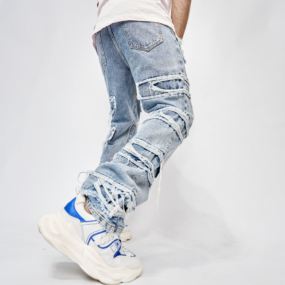 Streetwear Stacked Patchwork Denim Jeans