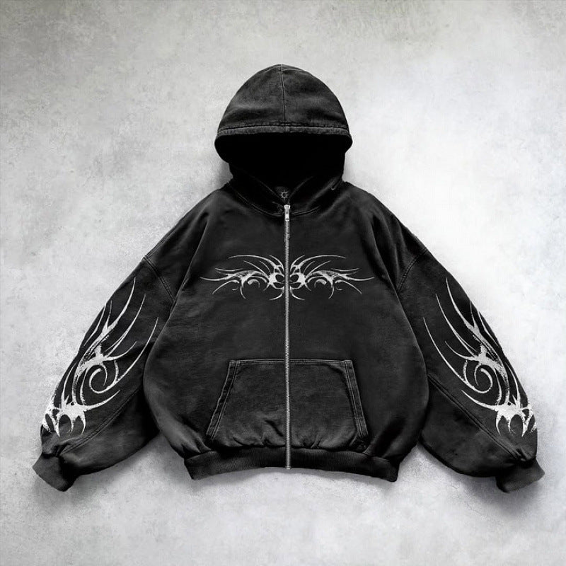 Gothic Punk Graphic Print Oversized Zip Hoodie