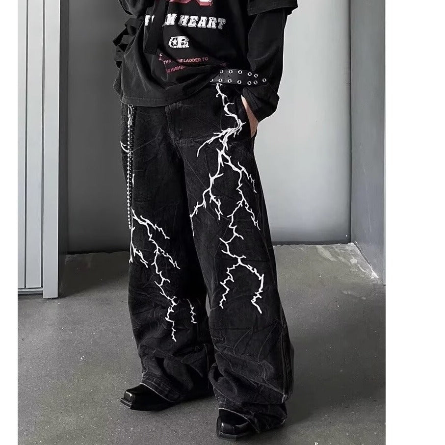 Retro Washed Lightning Embroidered Jeans