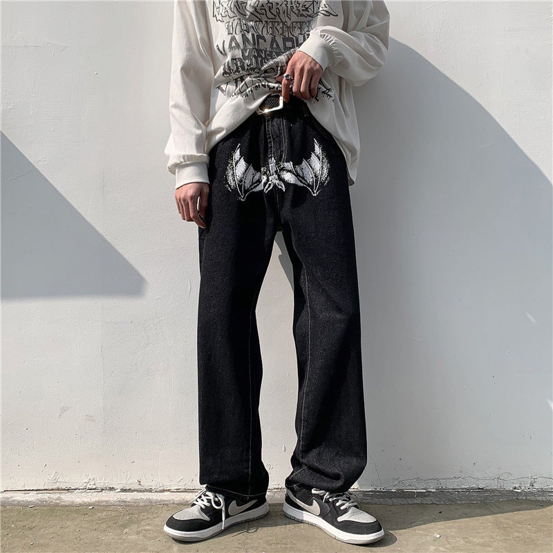 Vintage Bat Printed Loose Straight Jeans