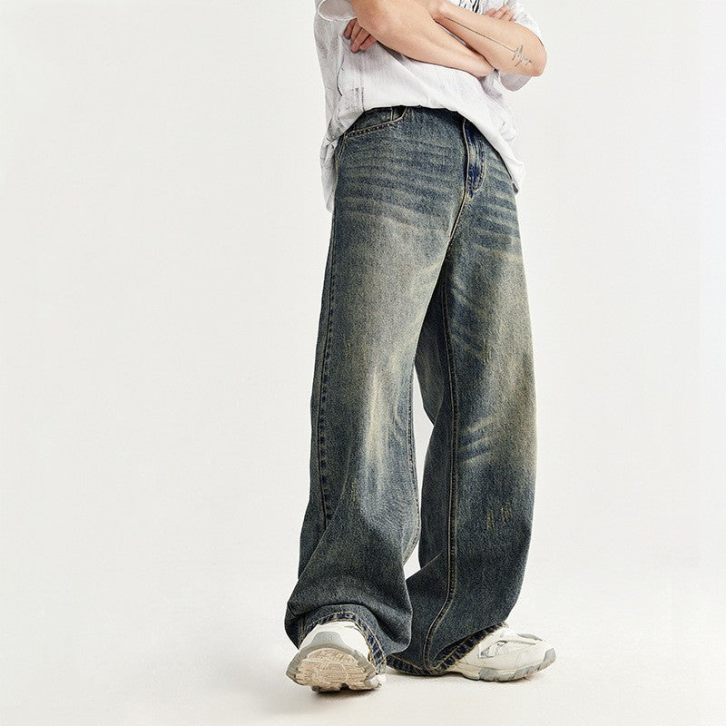 Retro Distressed Wide Leg Straight Jeans