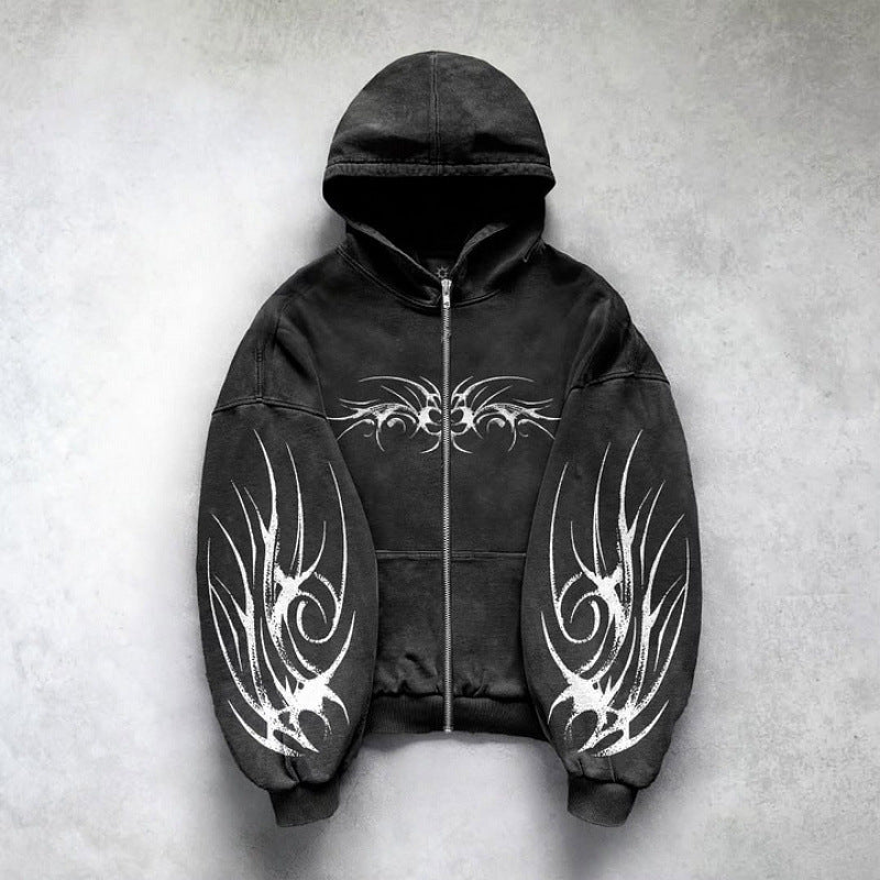 Gothic Punk Graphic Print Oversized Zip Hoodie