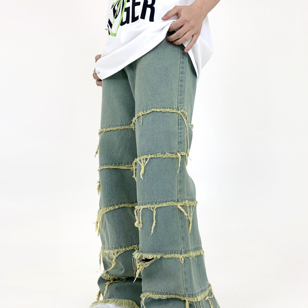 Retro Stacked Washed Raw Jeans