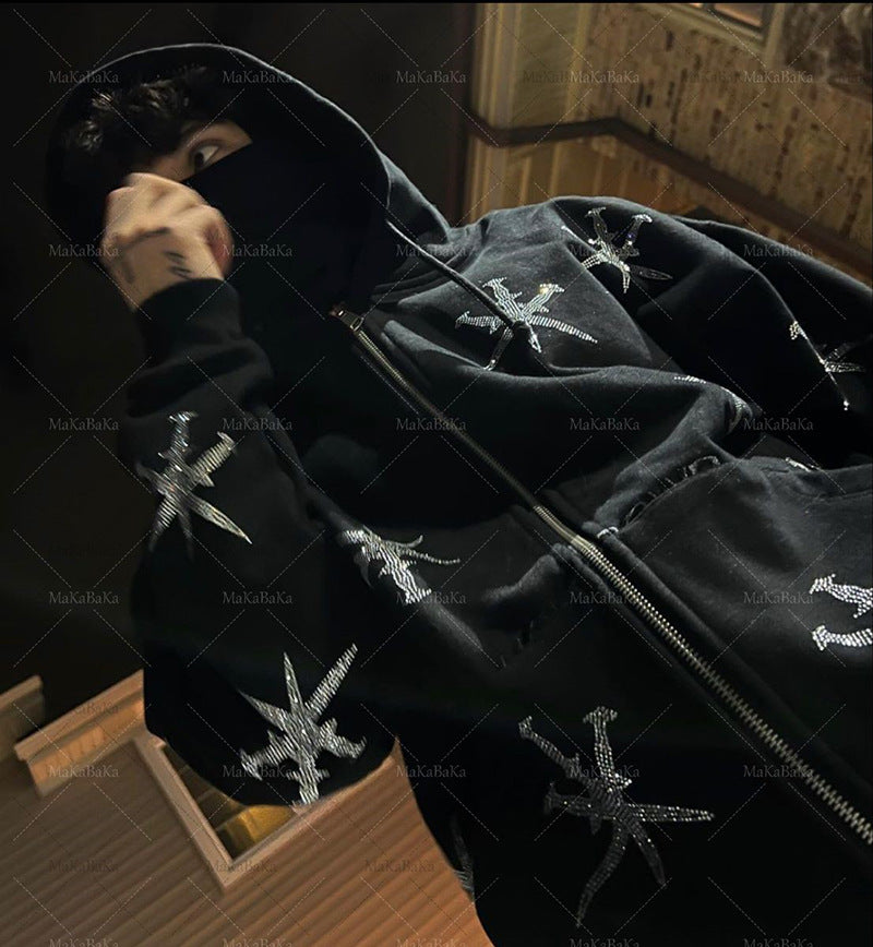Rhinestone Gothic Streetwear Zip up Hoodie