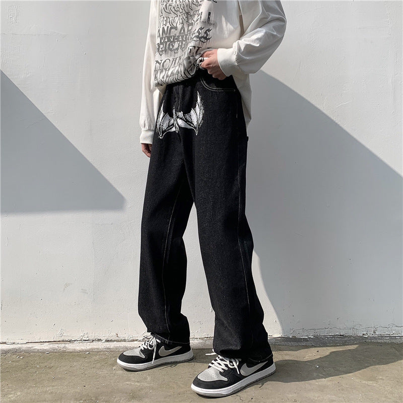 Vintage Bat Printed Loose Straight Jeans