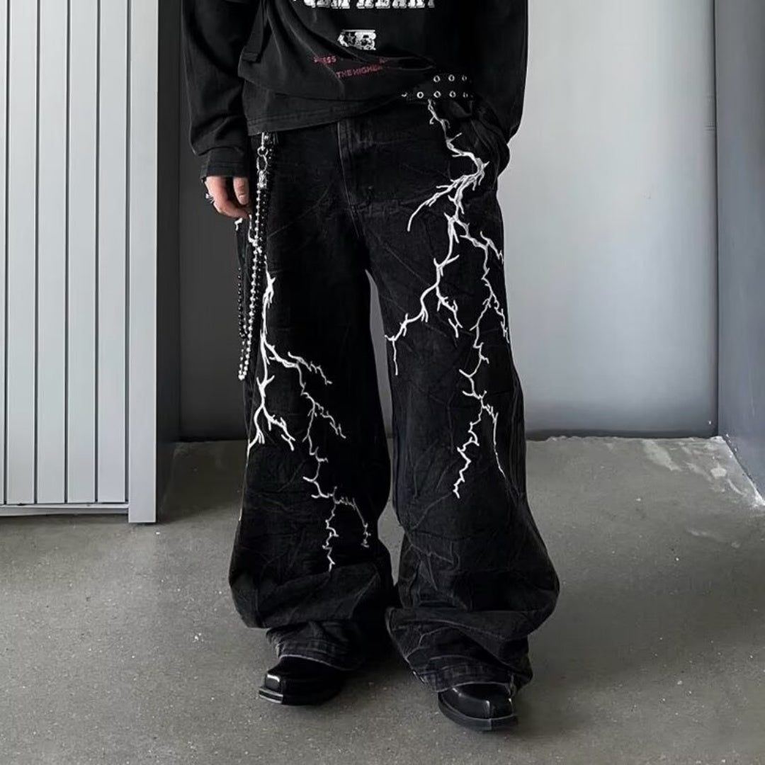 Retro Washed Lightning Embroidered Jeans