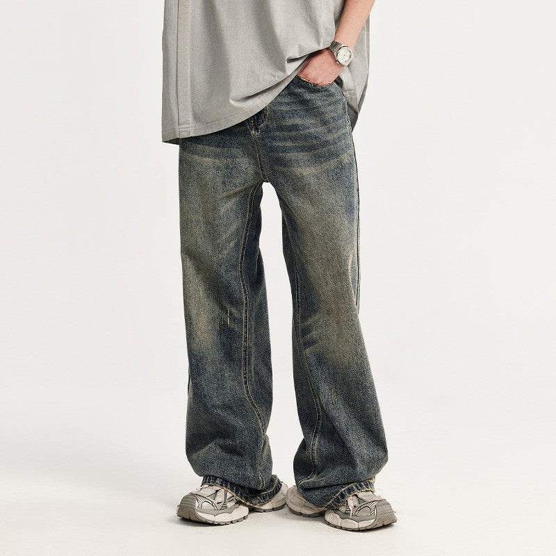 Retro Distressed Wide Leg Straight Jeans