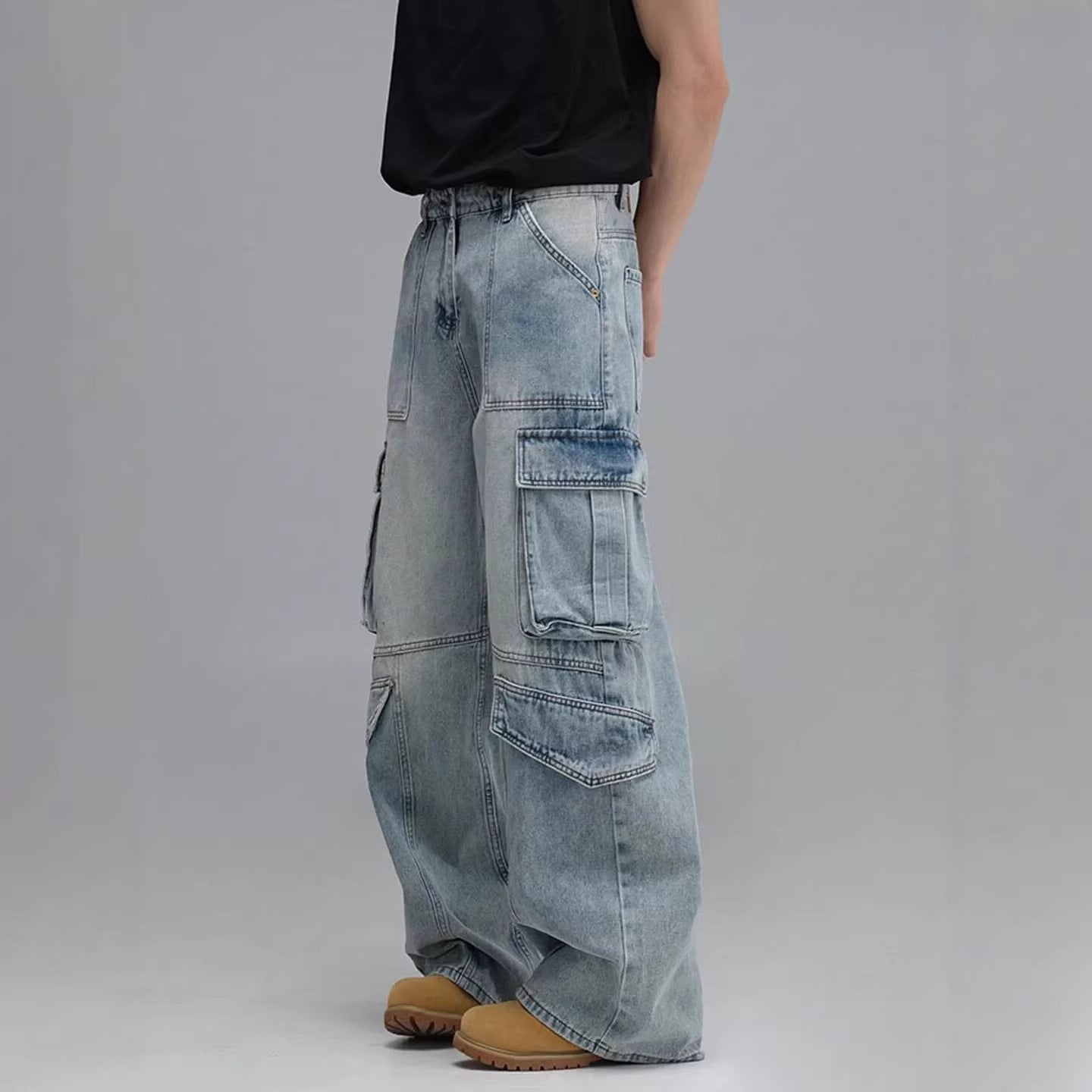 Washed Multi-Pocket Workwear Denim Jeans