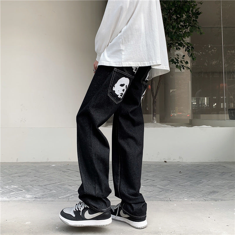 Vintage Bat Printed Loose Straight Jeans
