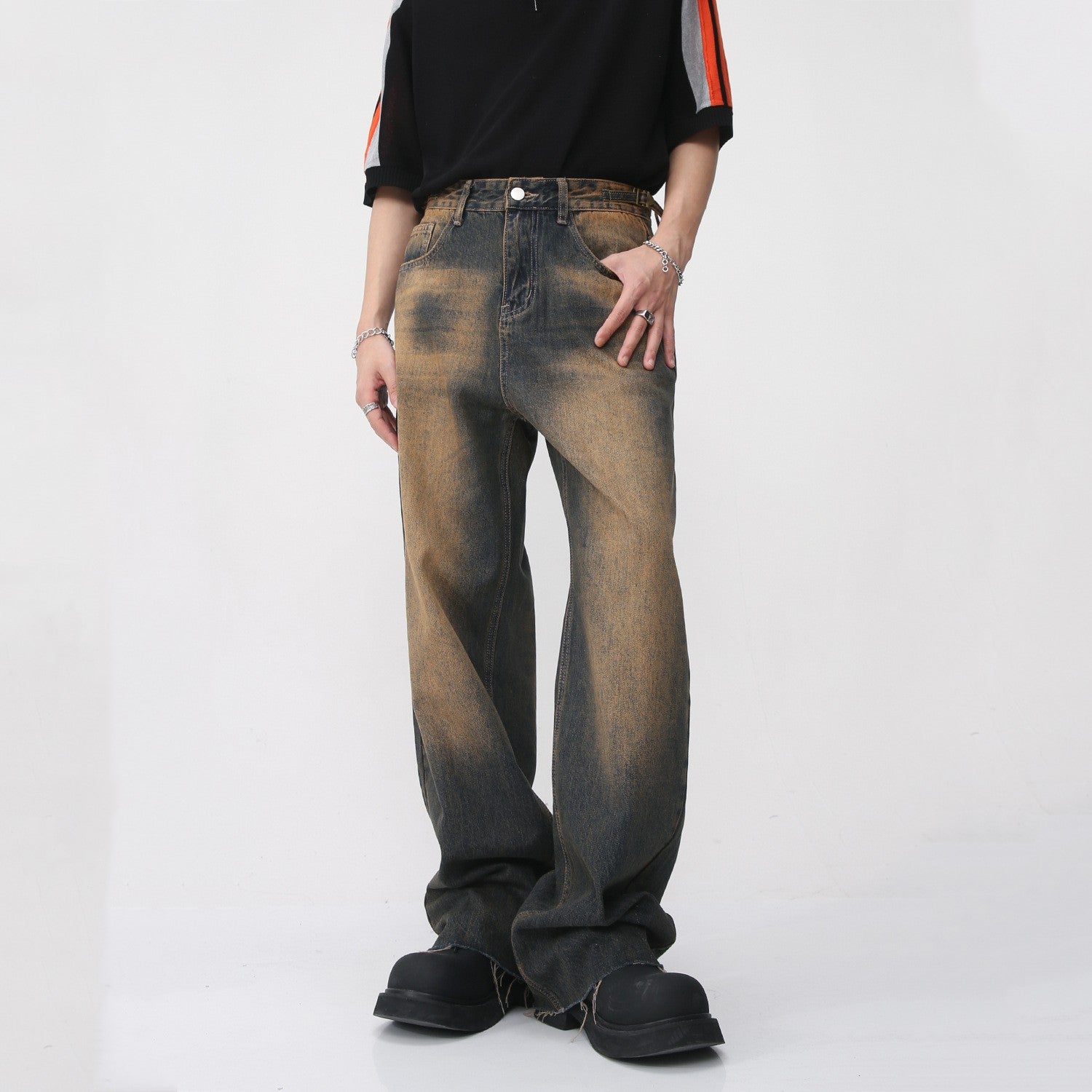Retro Distressed Rust Earth Raw Hem Jeans