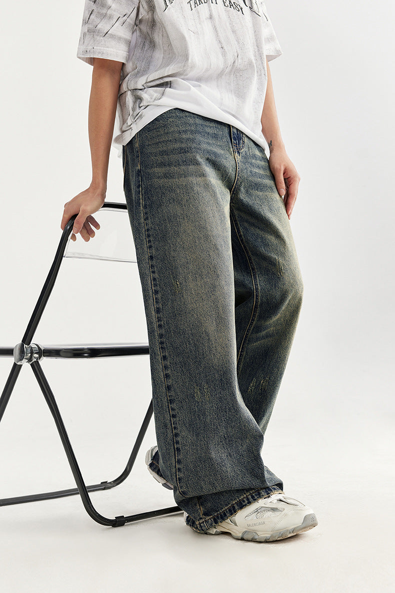 Retro Distressed Wide Leg Straight Jeans