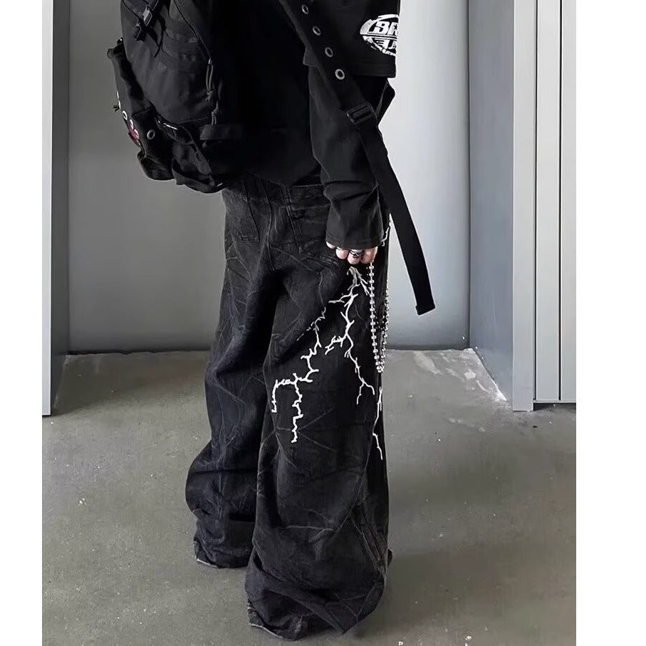 Retro Washed Lightning Embroidered Jeans
