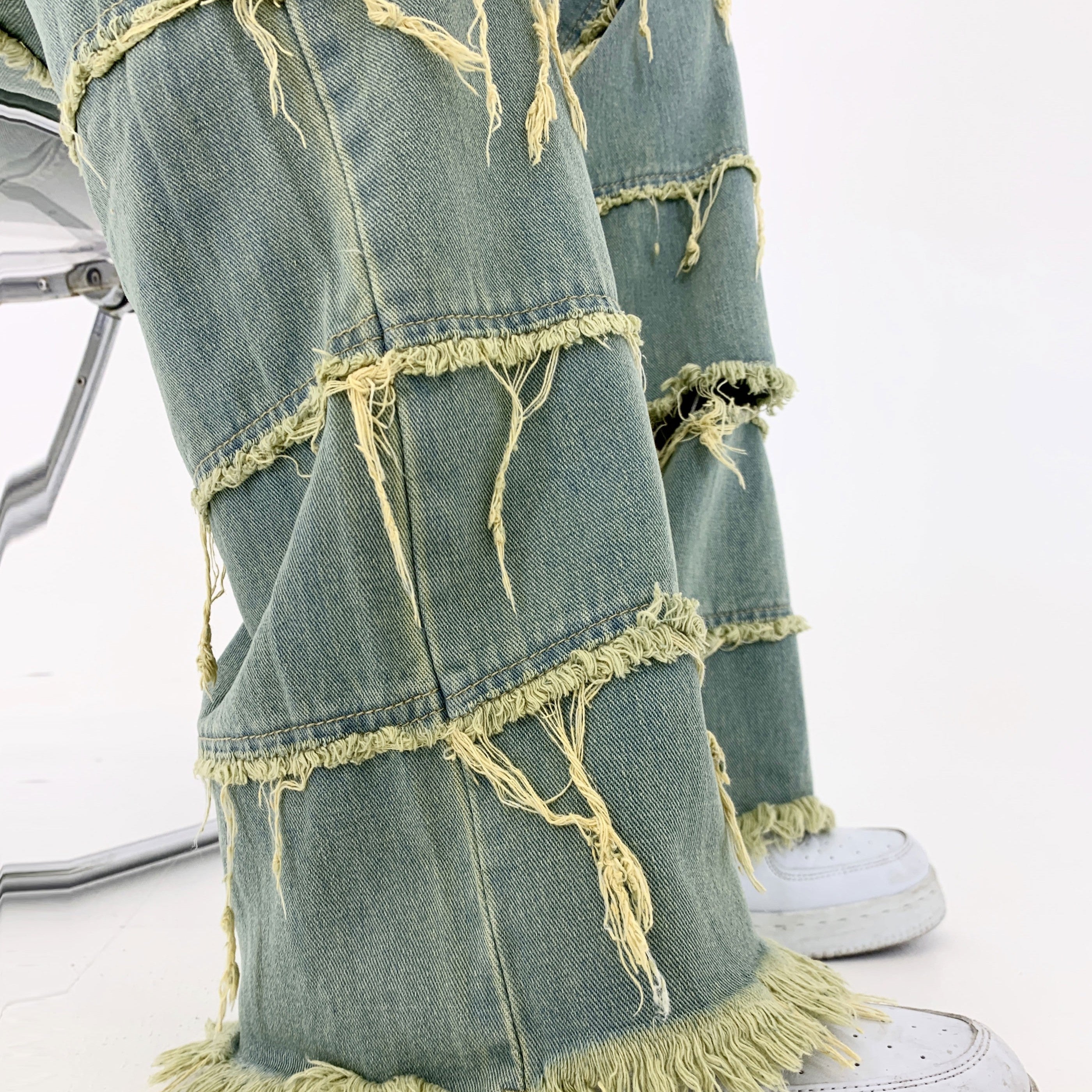 Retro Stacked Washed Raw Jeans
