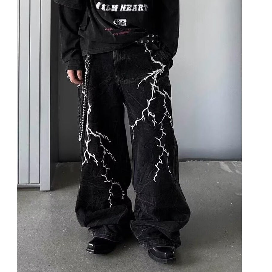 Retro Washed Lightning Embroidered Jeans