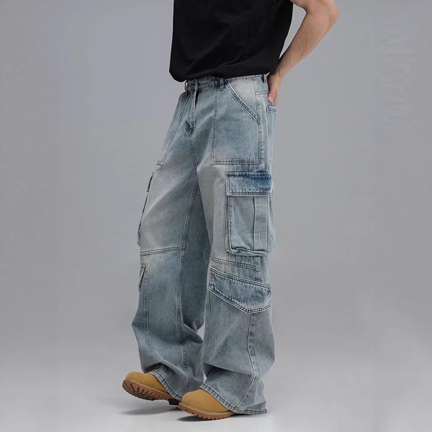 Washed Multi-Pocket Workwear Denim Jeans