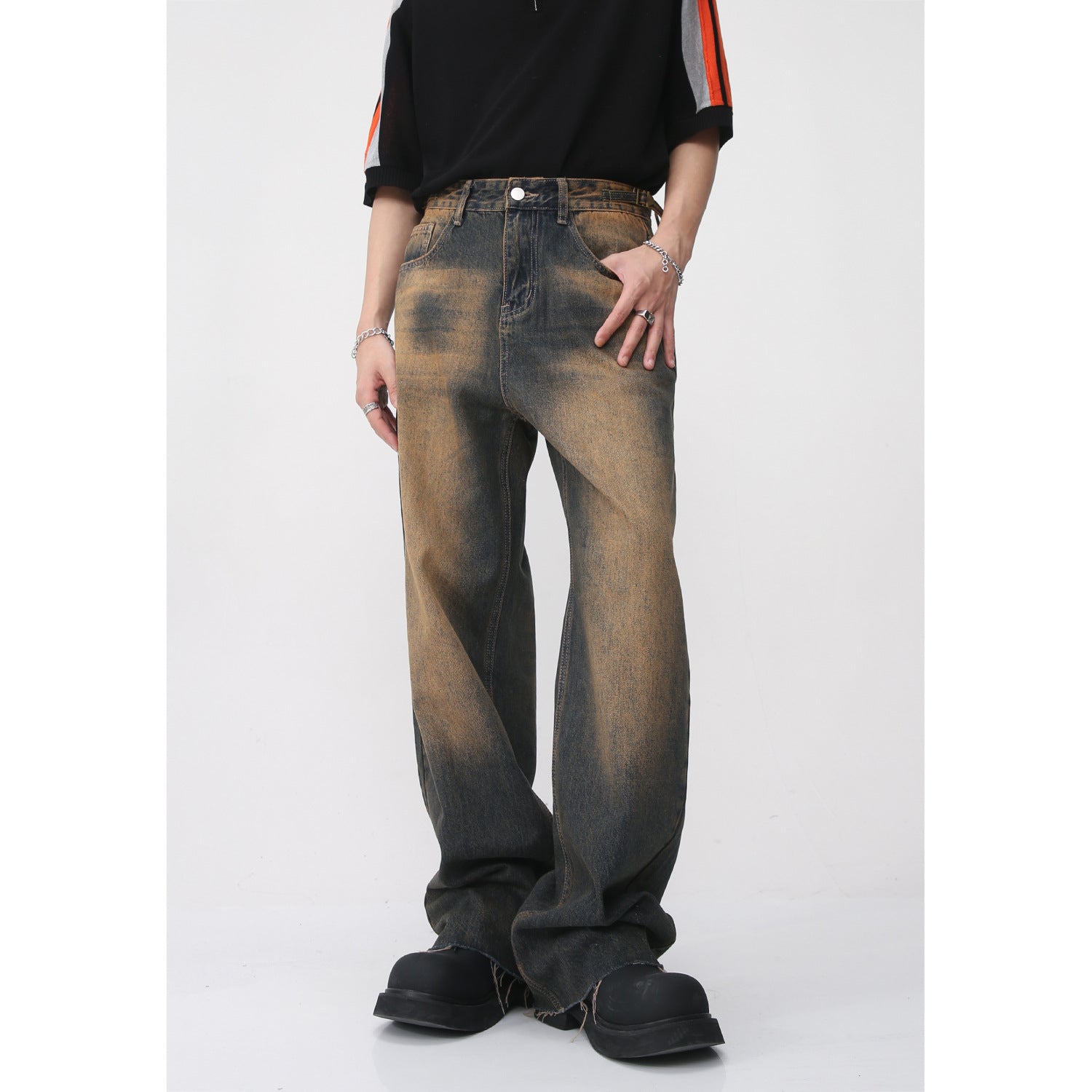 Retro Distressed Rust Earth Raw Hem Jeans