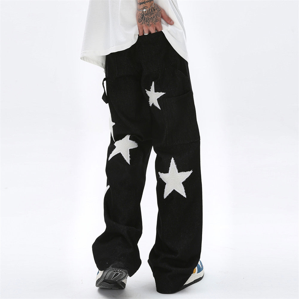 Five Pointed Star Flocking Embroidered Jeans